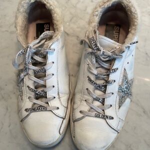 Golden Goose White Shearling Silver Glitter
